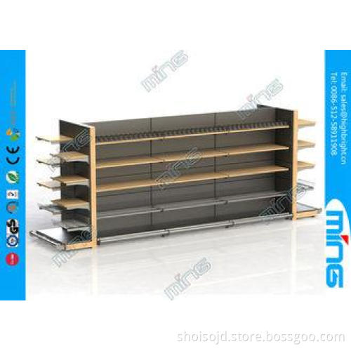 Wood And Metal Supermarket Display Shelves Light Duty With